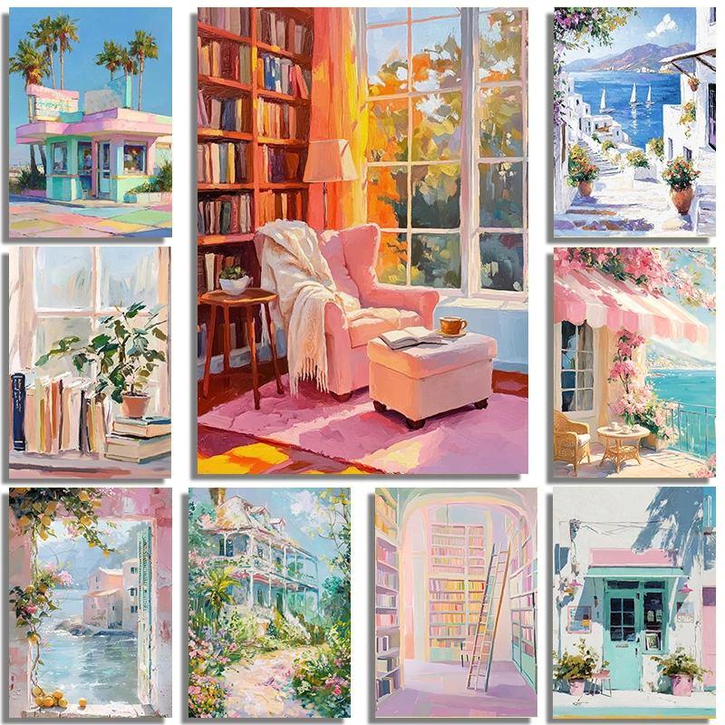 Affiches d'art architecturales vintage rose plage, pour intérieur et extérieur, impression sur toile, décoration murale pour café, restaurant, maison
