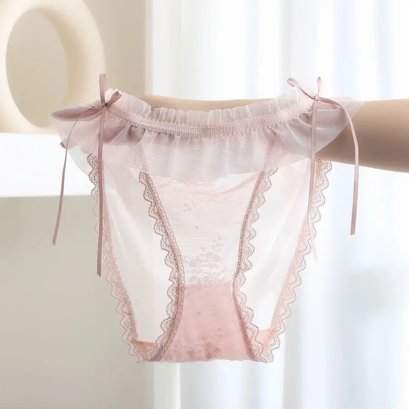 Women Lace Lingerie Transparent Sexy Panties Temptation Low-waist Briefs Ribbon M-XL Pattern Underpants Female Briefs
