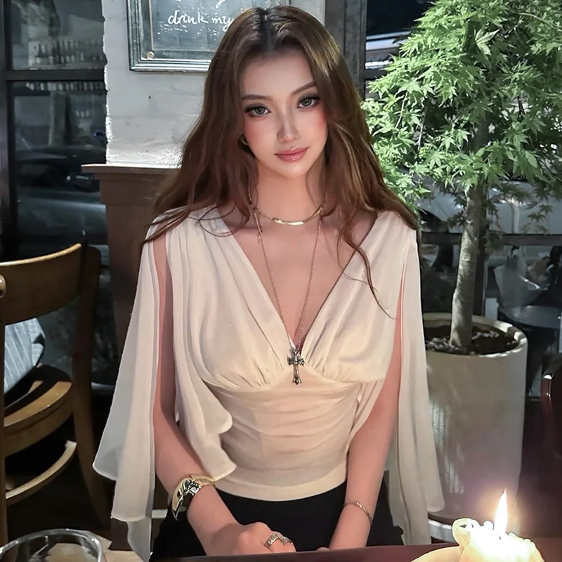 Solid Knitted Top Women Deep V Neck Split Cuff Sleeve Splicing Design Summer Sexy Clubwear Tops