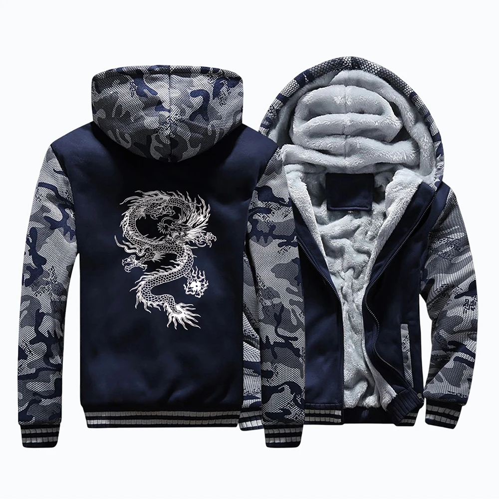 White Dragon Pattern Prints Mens Plus Velvet Thickening Jackets Winter Warm Windproof Coats All-math Casual Man Long Sleeves