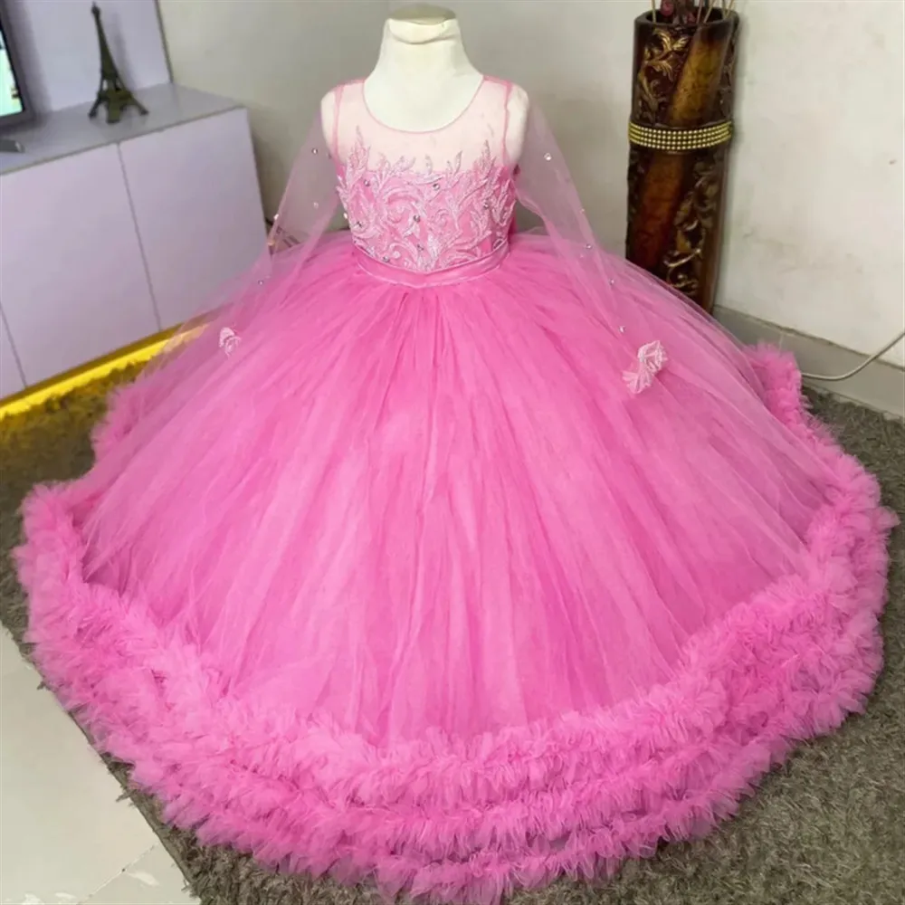 

Customized Flower Girl Wedding Dress Princess Shiny Beaded Appliques Bow Long Sleeve Girl First Communion Birthday Party Gown