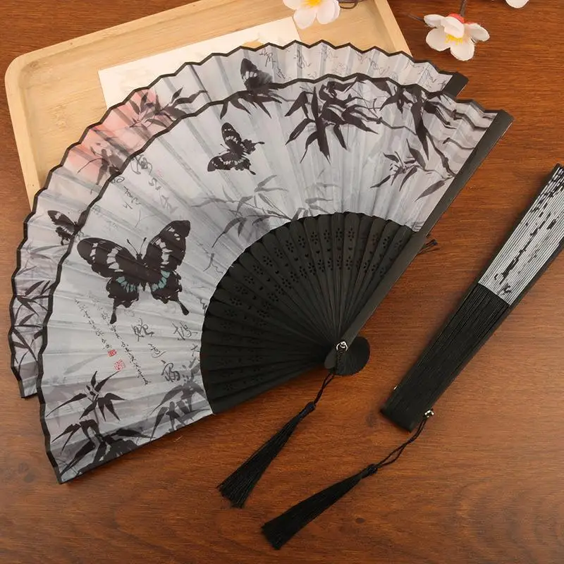1PC Chinese Style Bamboo Folding Fan Butterfly Pattern Hand Fan With Tassel For Wedding Dance Party Home Decor