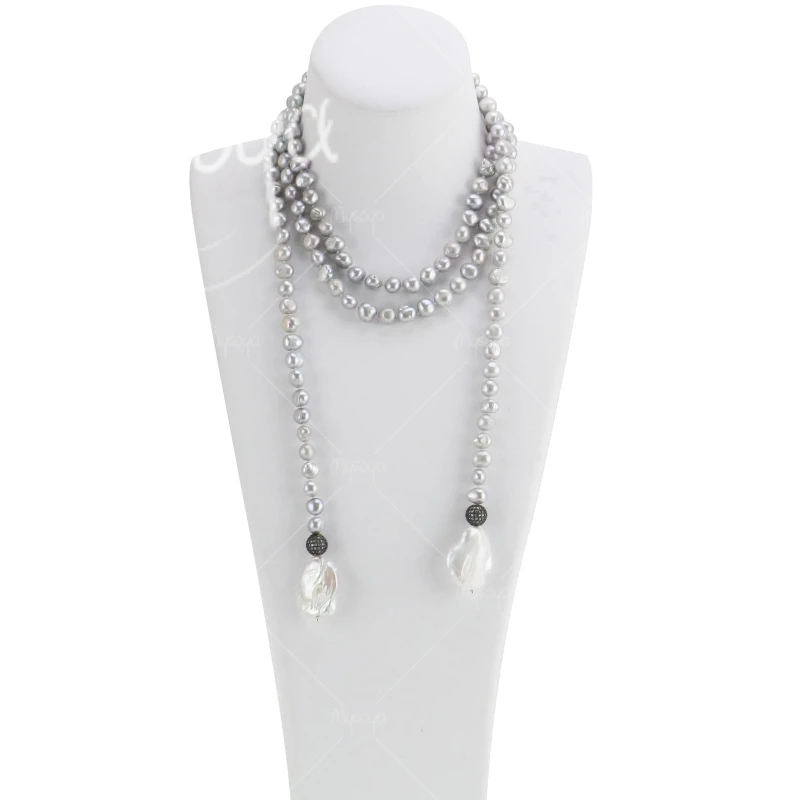 

MYSOYA 7-8mm & 11-14mm Grey Freshwater Pearl White Baroque Pendant Long Necklace Suitable for Wedding/ Mother's Day Gift A0609