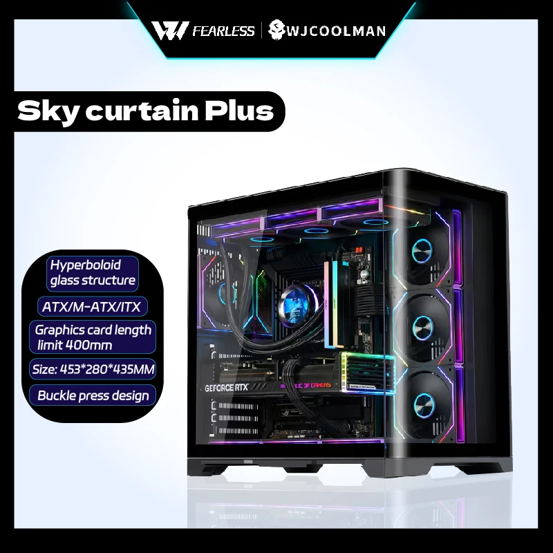 

Корпус для игрового ПК WJCOOLMAN Sky Curtain Plus ATX с гиперболоидным стеклом, панорамным видом и поддержкой 360-мм водяного охлаждения