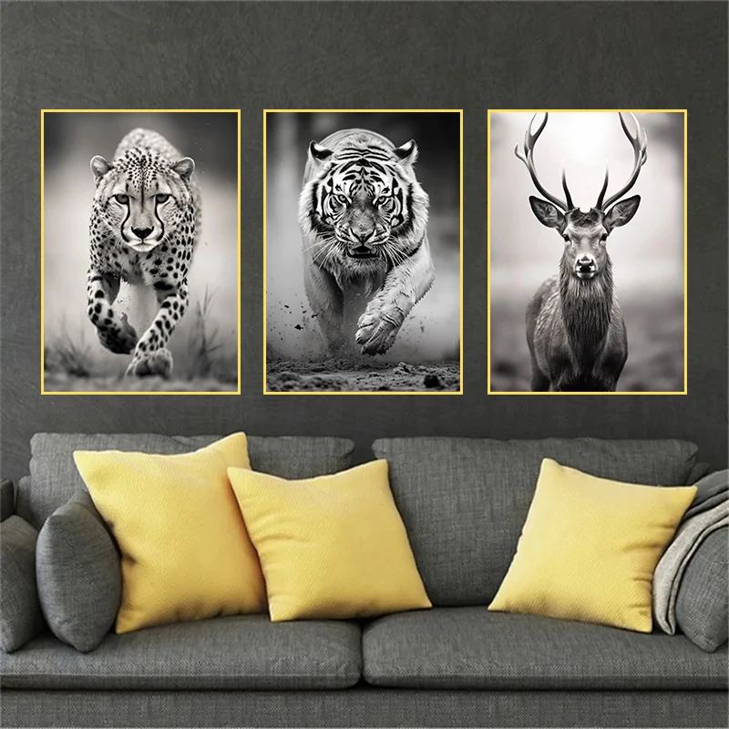 Black and White Animal Poster Tiger Elephant Deer Cheetah Bull Horse Canvas Painting Prints Wall Art Room Home Decor Frameless