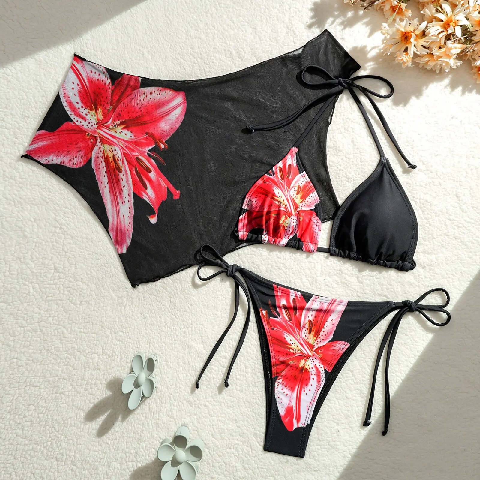 مثير طقم بيكيني صغير 2025 المرأة الأزهار طباعة رفع البرازيلي التعادل الجانب ثونغ ملابس السباحة البرازيلي الشاطئ ثوب السباحة 3 قطعة ملابس السباحة