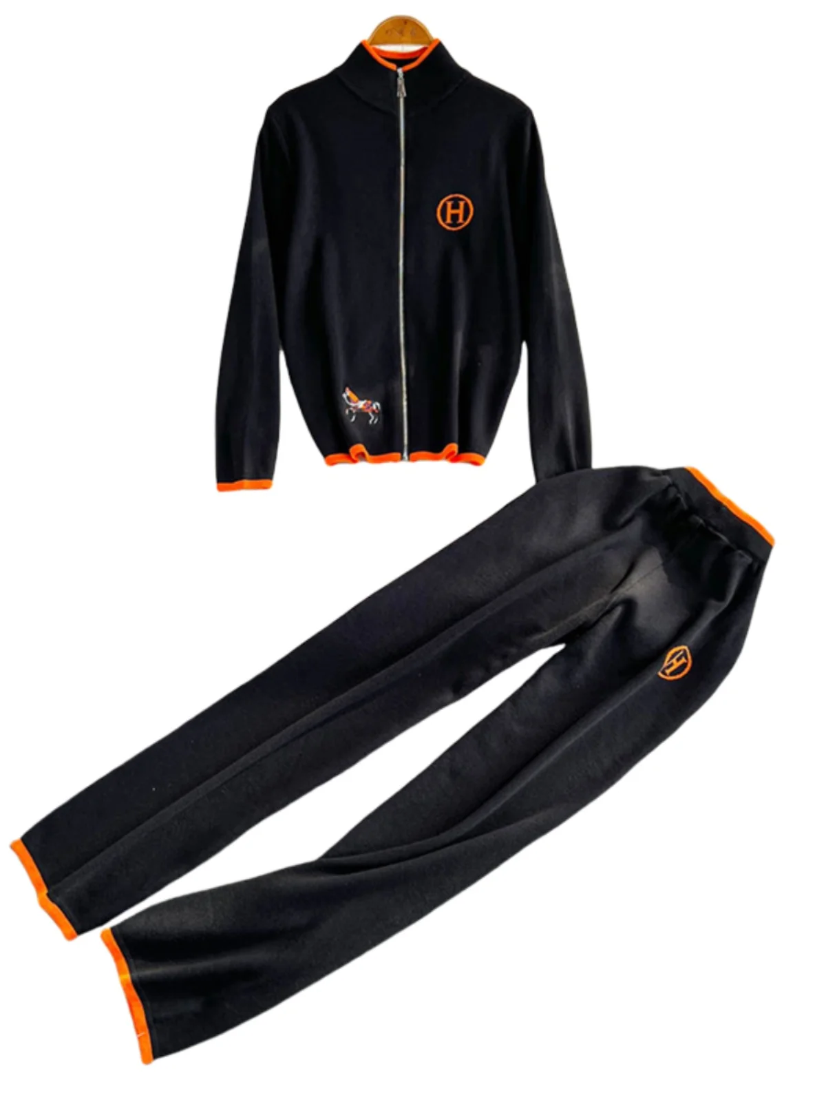 

Autumn Winter Zipper Knitted Sweater Cardigan Women's Embroidered Long Sve High Waist Wide Leg Pants Two Piece Set Faion