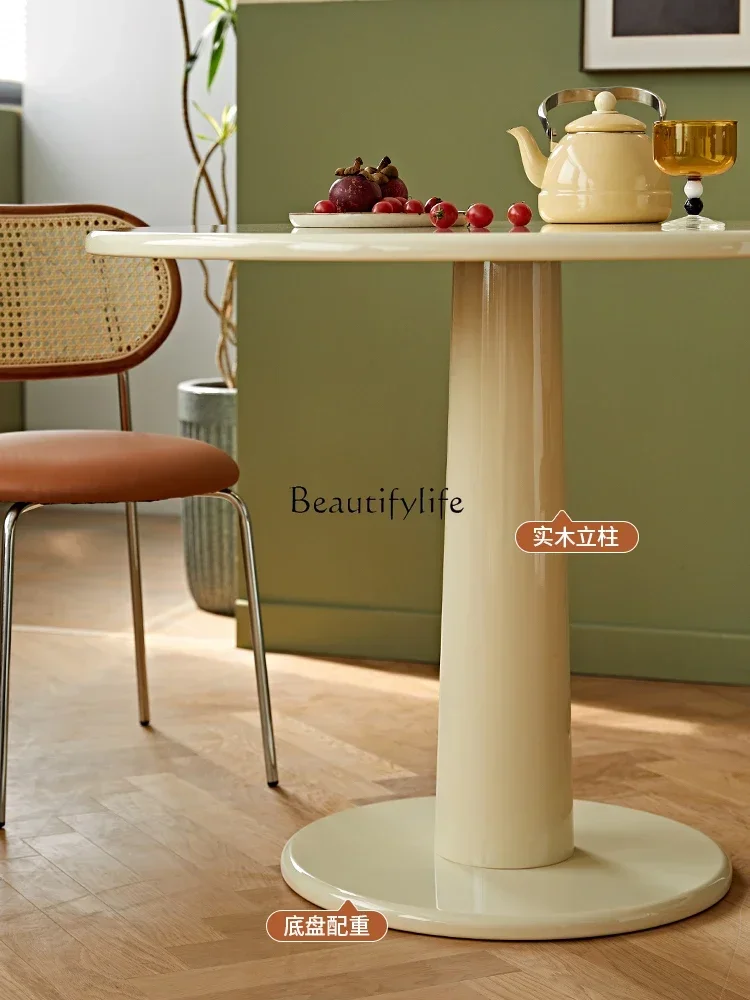 

French retro lacquered round table, cream coffee table workbench