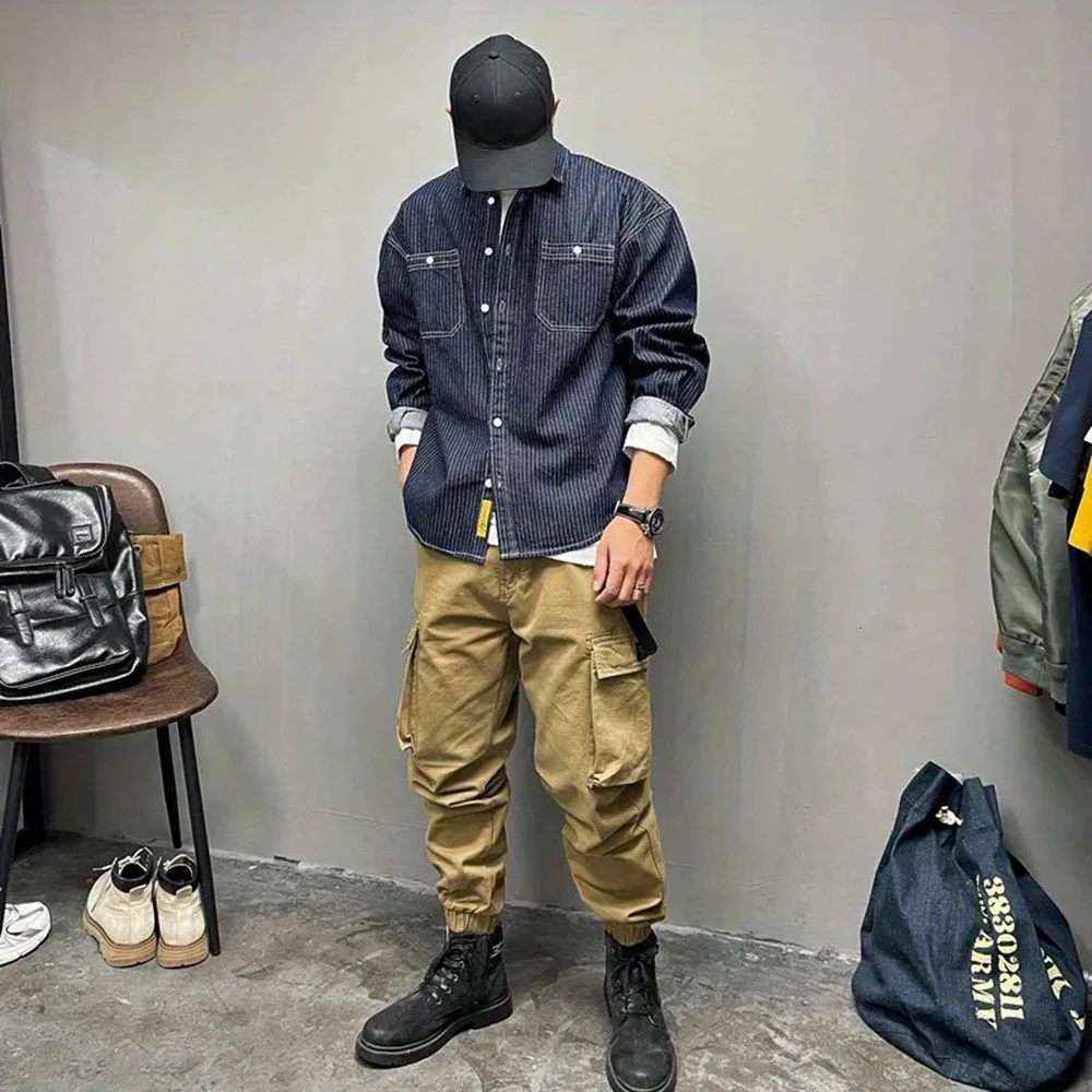 Mens Shirt Low Shoulder Striped Denim Long Sleeved Shirt Autumn Casual American Hawaiian Vintage Baggy Top Men's Clothing 2024