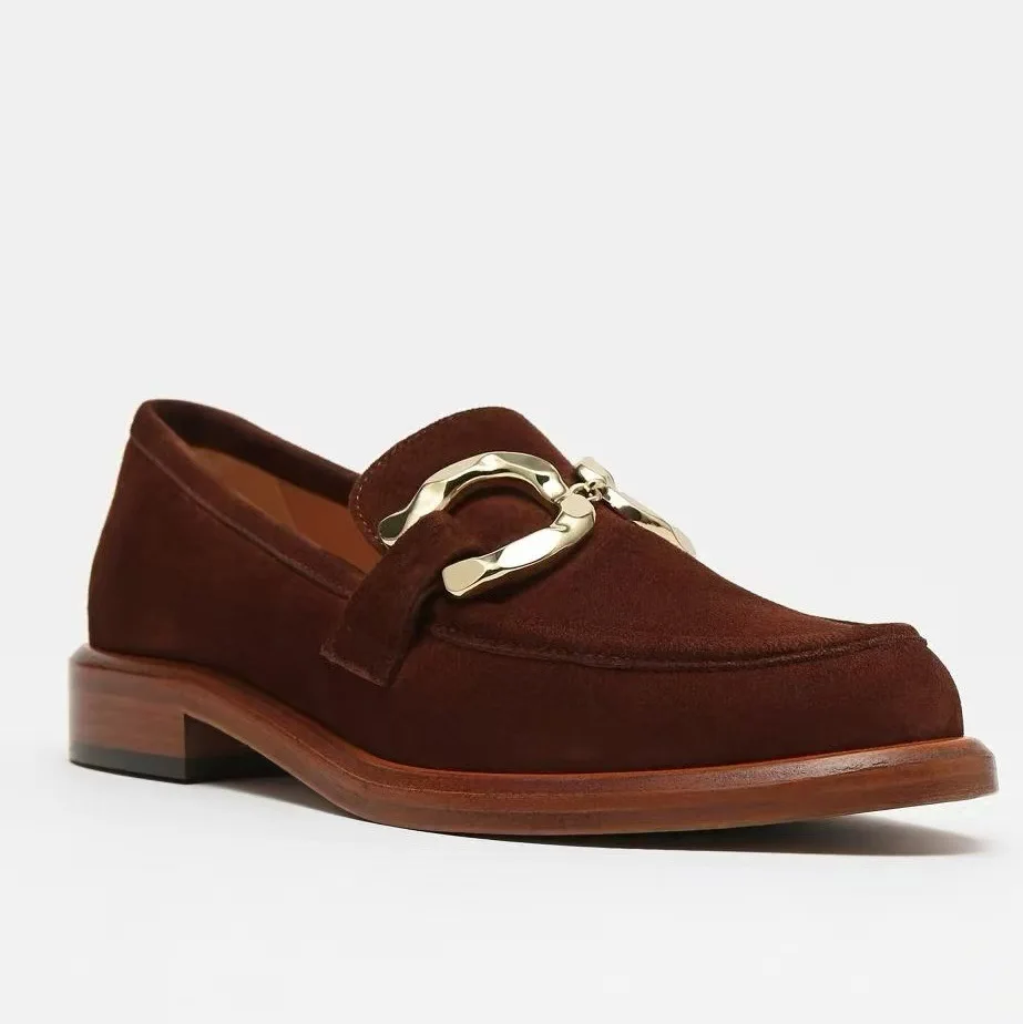 New Spring/Autumn Women's Brown Suede Gold Buckle Loafers Round Toe Low Heels Casual Vintage Daily Versatile Slip On Loafers