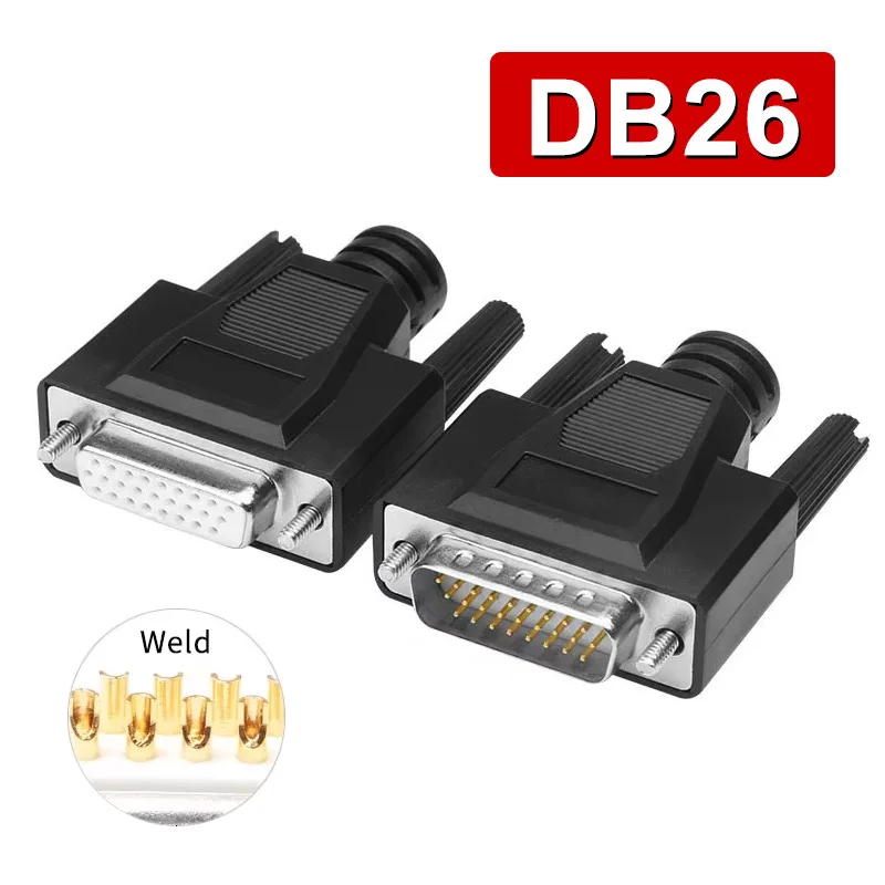 DB26 HDB26 Solid  Needle 3 Rows of 26 Pin Plug Soldering Connector D-SUB 26pin Black Male Female Welding Wire Type Connectors