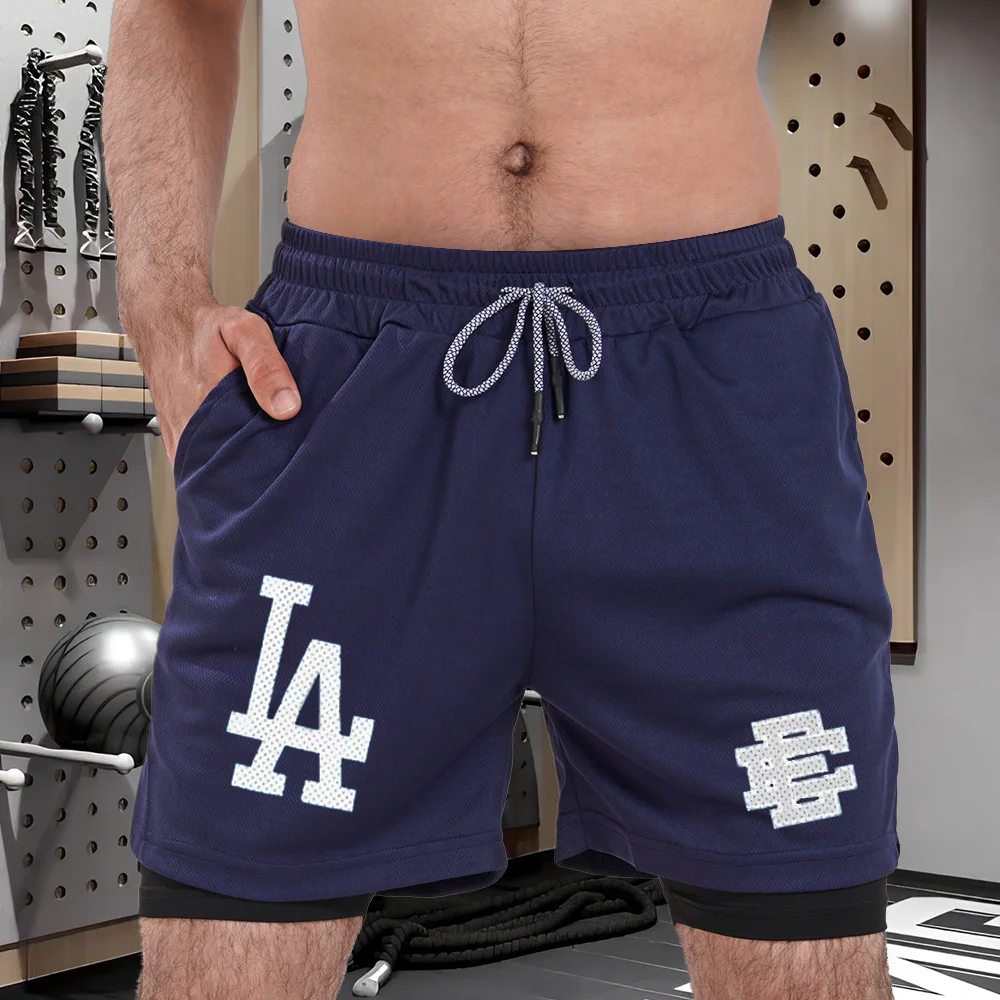 شورت LA-رجالي بطبقة مزدوجة يسمح بمرور الهواء، شورت رياضي سريع الجفاف، مناسب لتدريب الجري على الساق المستقيمة، اتجاه الصيف