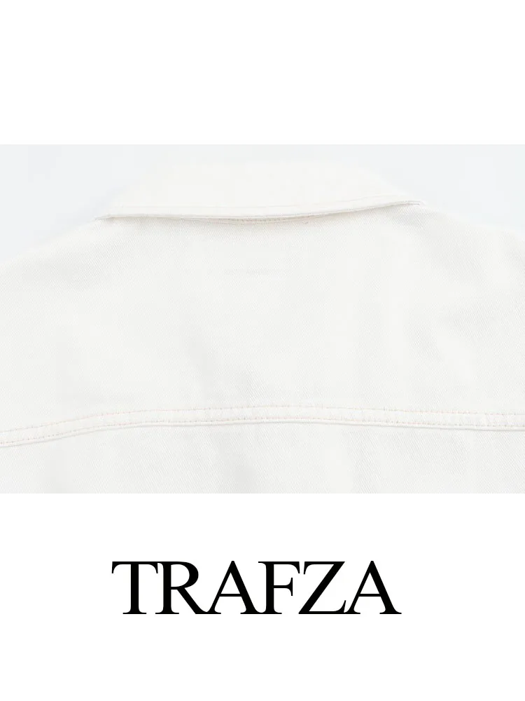 TRAFZA-abrigo vaquero de manga corta para mujer, cárdigan blanco con cuello vuelto y bolsillos salvajes, de una sola botonadura, a la moda, 2024
