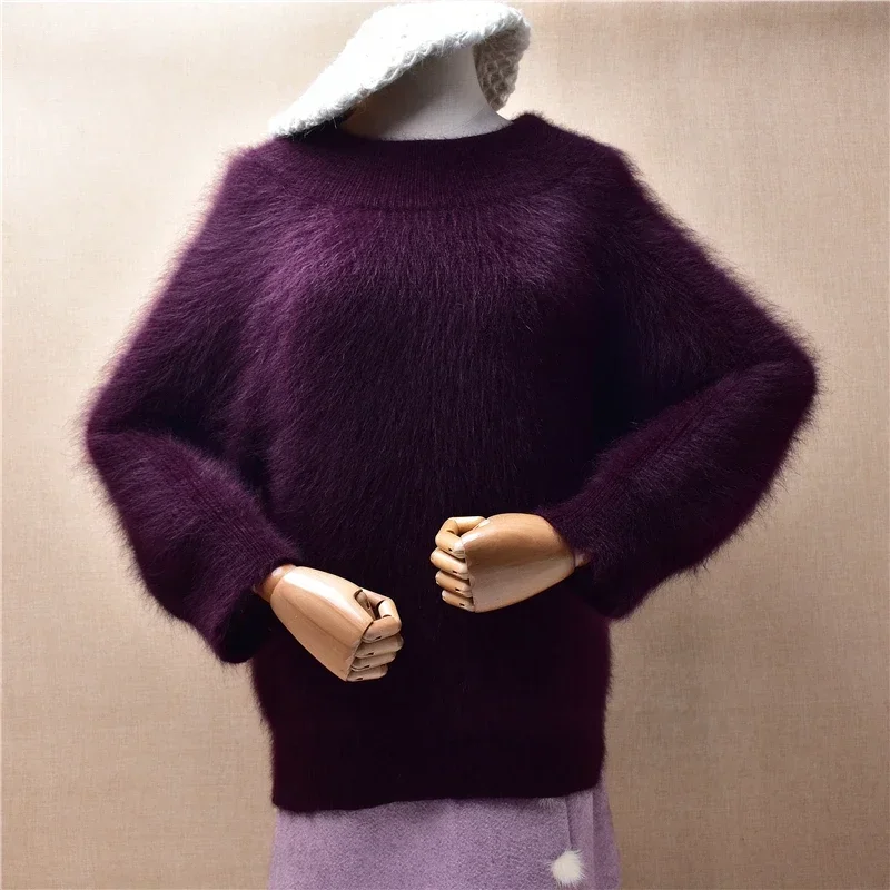 

Female Women Fall Winter Clothing Fashion Hairy Angora Rabbit Hair Knitted Three Quarter Sleeves O-Neck Loose Pullover Sweater
