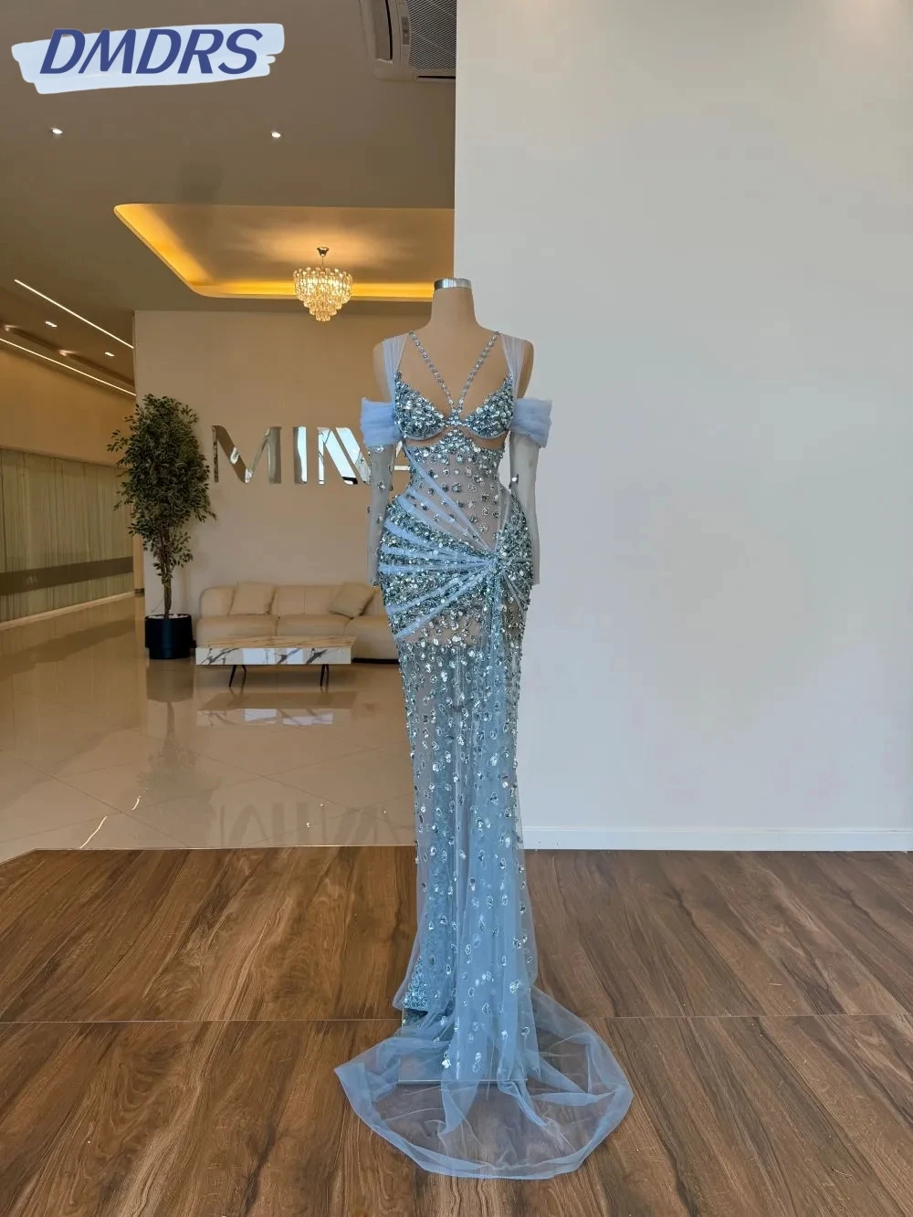 

Blue Sequined Beaded Straight Long Evening Dress Exquisite Off Shoulder Wedding Party Gown Customized Illusion Prom Dresses