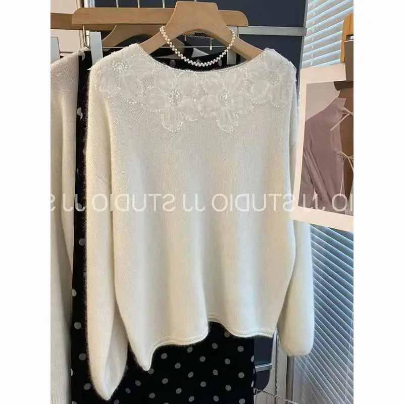 

Korean Fashion Loose Pullover Women 2025 New Autumn Lazy Style Soft and Sticky Lace Floral Bright Inner Knit Sweater Tops
