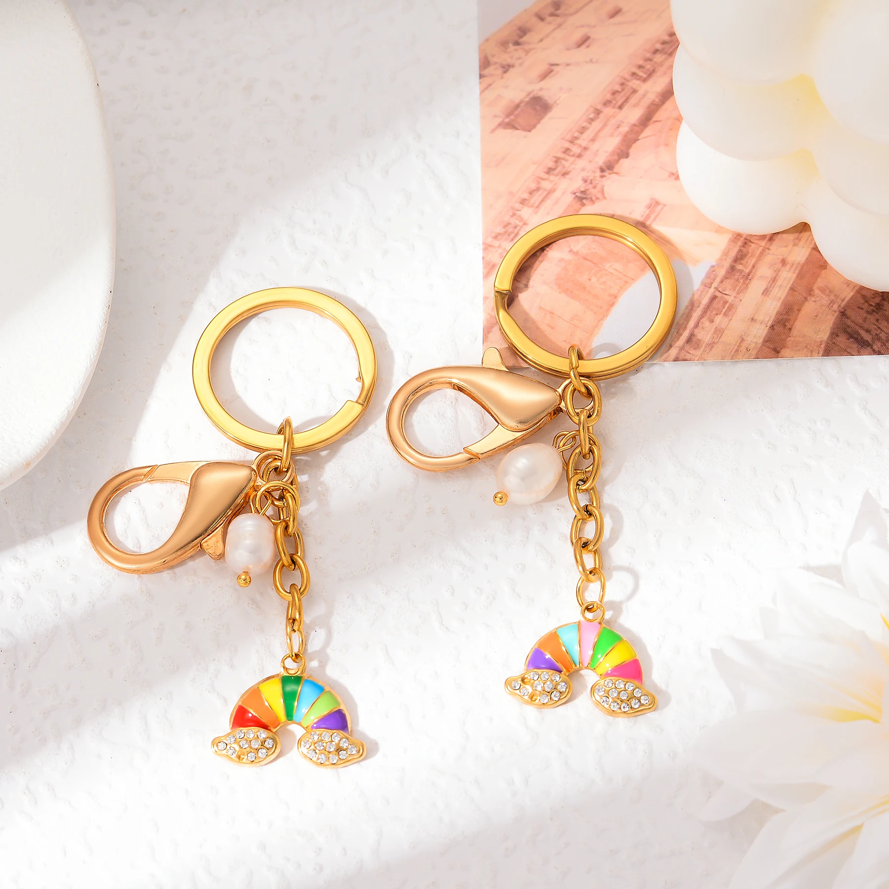 

Lovely Colorful Rainbow Enamel Keychains For Women Girl Friendship Gift Handbag Stainless Steel Keyring Accessories Jewelry