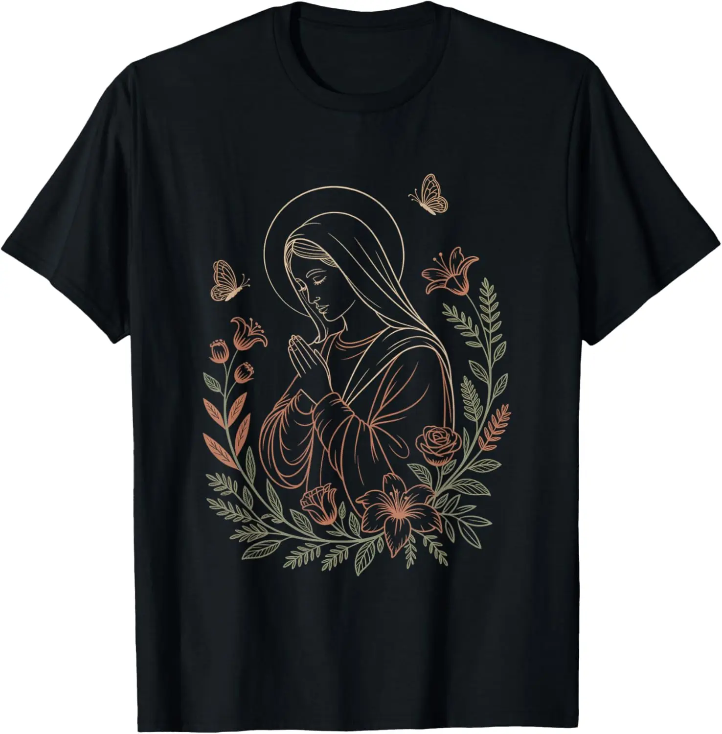

Virgin Mary Praying Floral Graphic T-Shirt Religious Catholic Christian Faith Line Art Tee