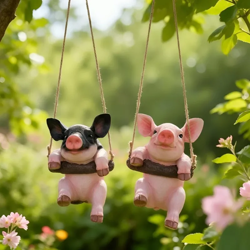 Resin Pig Hanging Ornament Cute Simulated Animal Sculpture Outdoor Garden Yard Decor Craft