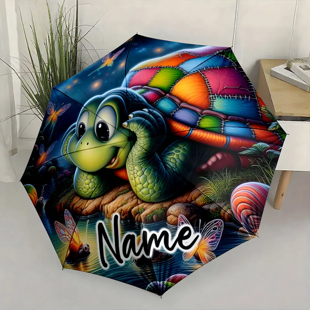Custom Name Colorful Turtle Design Umbrella with Whimsical Artwork 8 Iron Ribs Folding Umbrella Auto-Open Fashion Sunshade