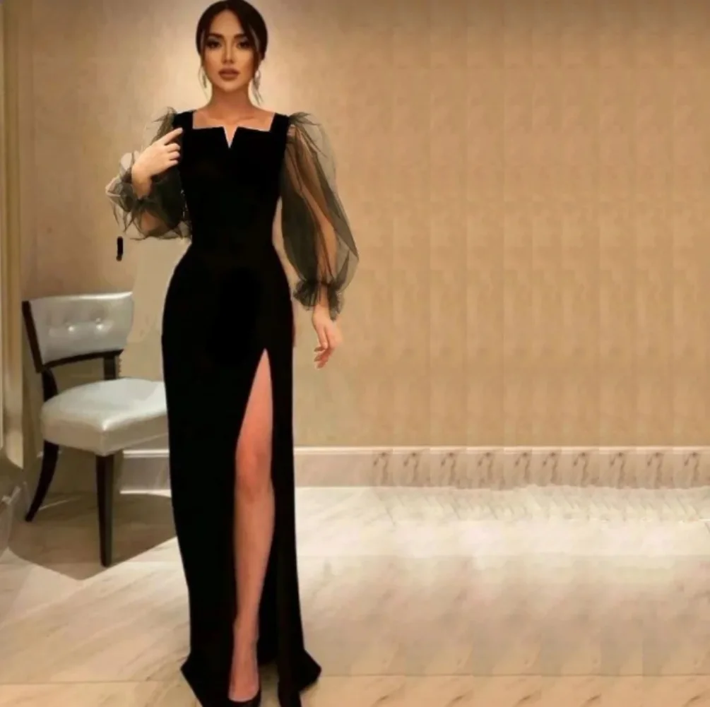 Xu Ni Yisheng-Vestido de noite formal simples de cetim preto para mulheres, mangas compridas, split lateral alto sexy, até o chão, novo vestido de festa