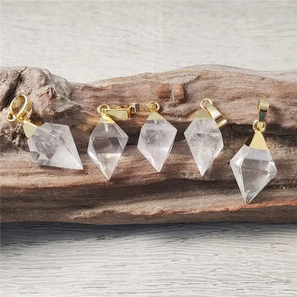 FUWO Wholesale Natural Clear Quartz Pendant,High Quality Golden Plated White Crystal Accessories For Women Jewelry Making PD106C