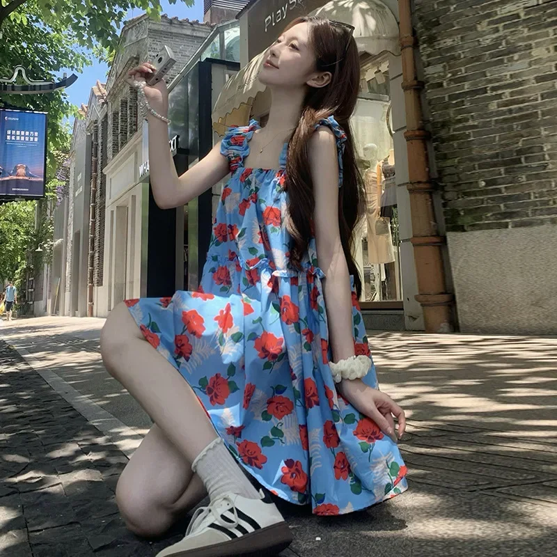 Sweet Floral Vacation Style Mini Dress For Women Summer French Feeling Tank Dress With Fashionable Shell Ears