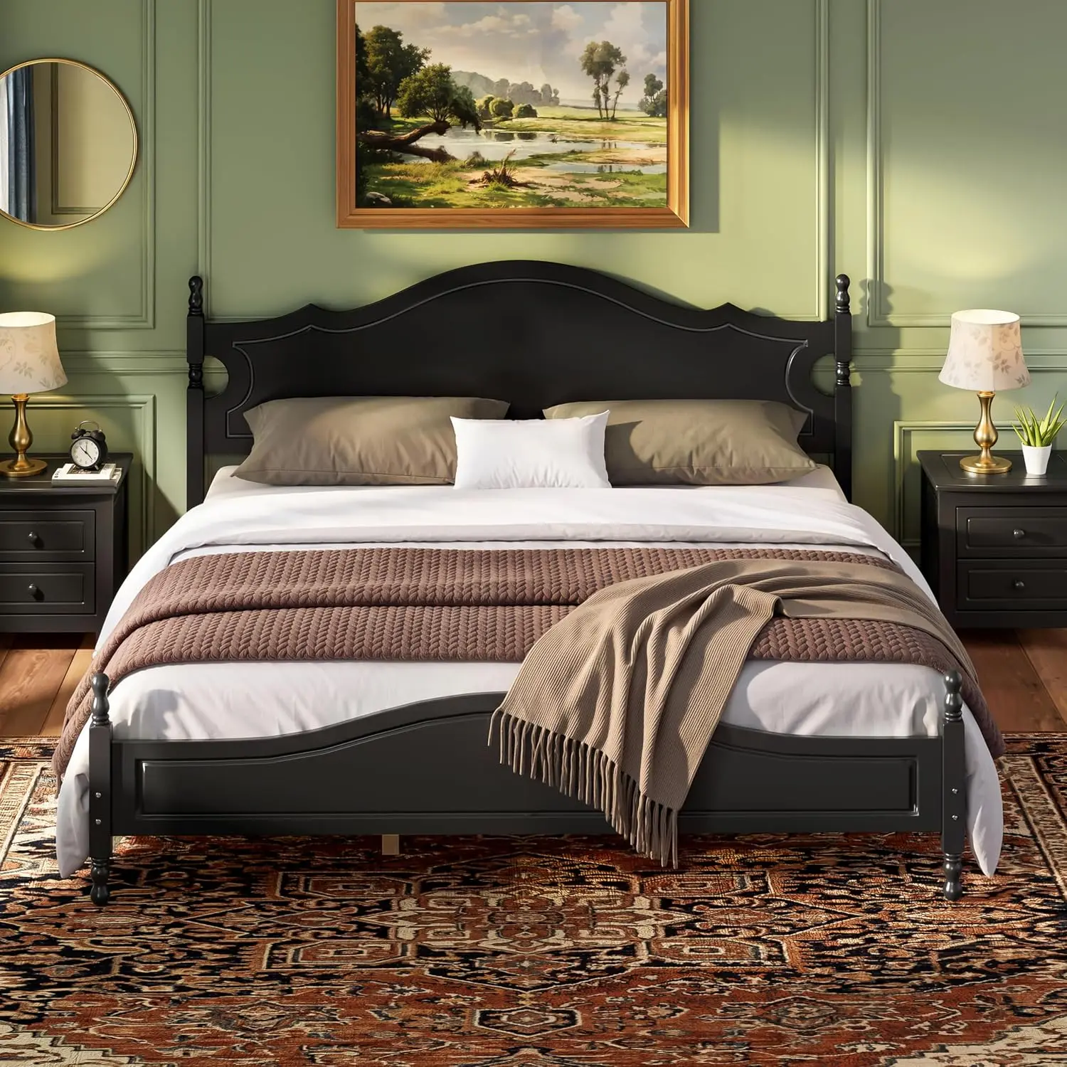 Solid Wood Full Bed Frame Retro Platform Headboard & Footboard Heavy Duty 10 Slats Noiseless, Customized