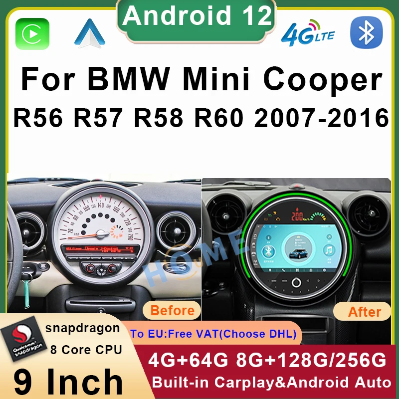 

Carplay Auto stereo For BMW Mini Cooper 9" Android 12 Car Radio Video Player GPS Navigation R54 R55 R56 R57 R58 R60 2007-2016 4G