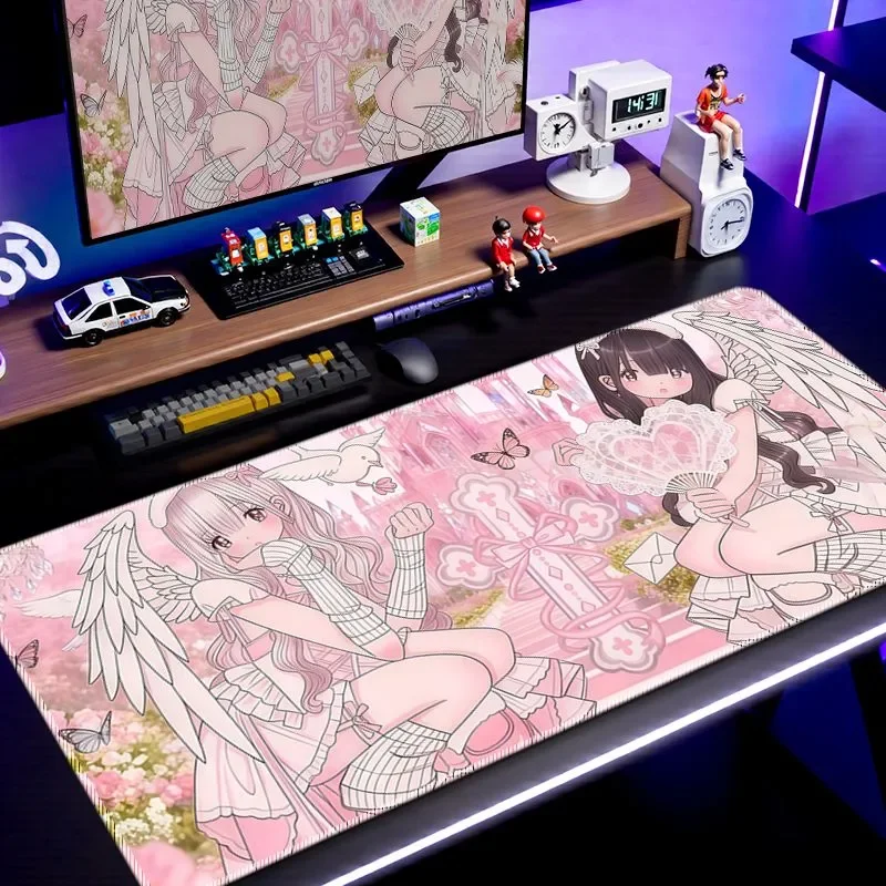 Leather Desk Pad Protector Y2k Pink Angel Wings Sexy Girl Bird Flower Mouse Pad Office Desk Mat Non-Slip PU Desk Blotter Pad