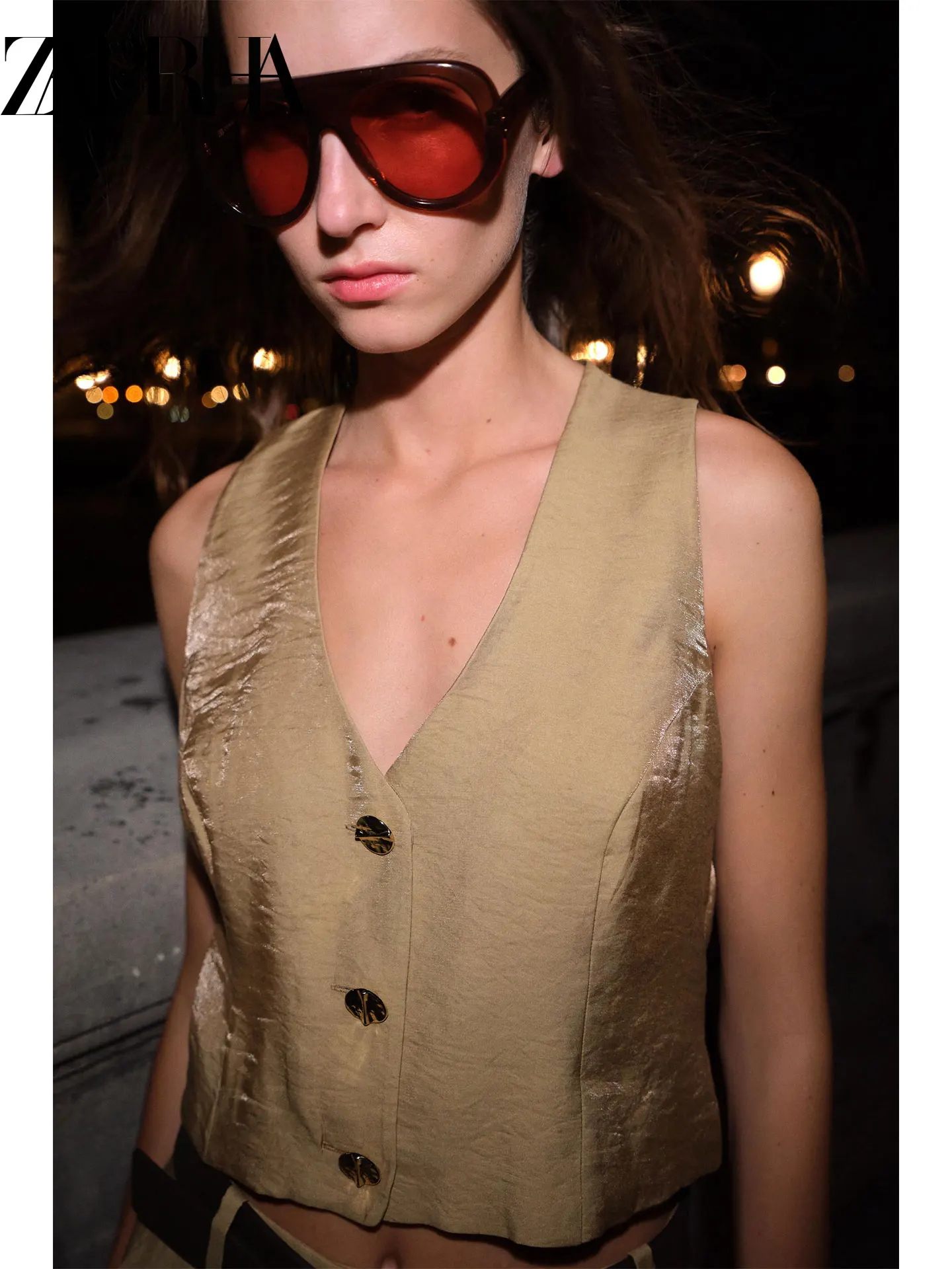 

ZAPRHA модный шелковый атласный жилет с золотыми пуговицами, топ для женщин, длина, один пуговиц, чистый цвет, универсальный Sle