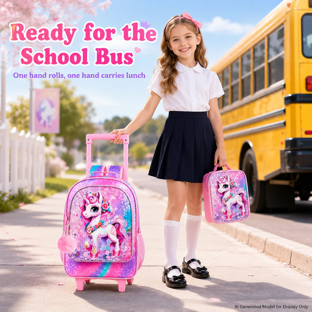3PCS Cute Unicorn Wheeled Backpack for Kids, Sequin Rolling School Bag Set with Lunch Box & Pencil Case
