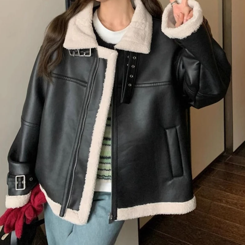 2025 블랙 가을 겨울 인조 모피 가죽 재킷 두꺼운 신상 바이커 코트 양털 겨울 루즈 재킷