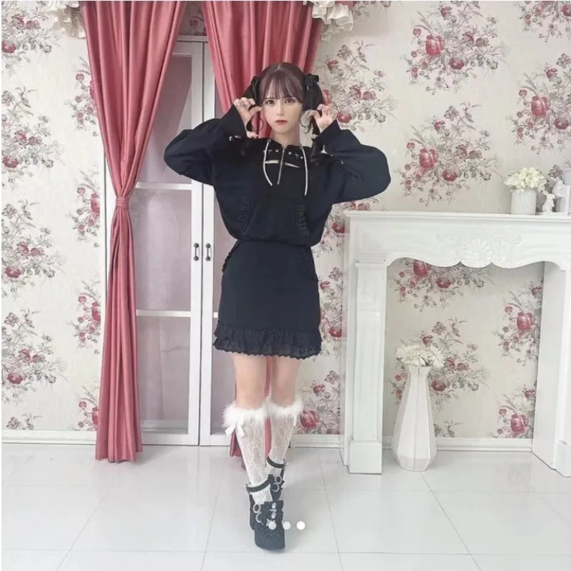 Japanese Lady Lace Sailor Collar Rhinestone Drawstring Vestidos De Mujer Long Sleeve Sexy Fake Two Pieces Velvet Padded Dress