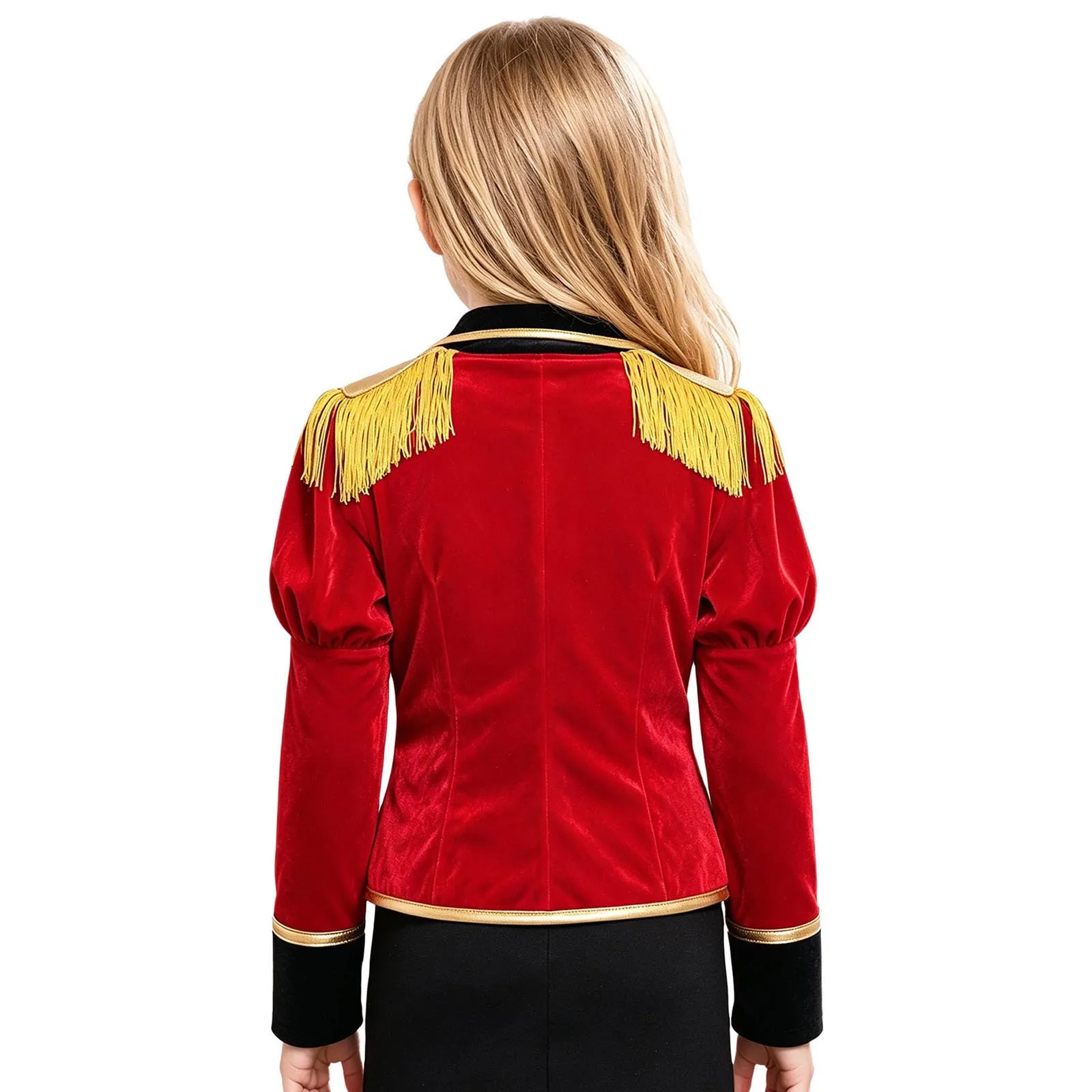 Kids Girls Circus Ringmaster Costume Lapel Collar Long Puff Sleeve Fringe Epaulet Metal Chain Front Jacket for Halloween Cosplay