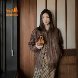 New Winter Sheepskin Coat for Women, Maillard Brown Vintage Lapel Genuine Leather Coat Elegant Short Cowhide Travel Jacket Black