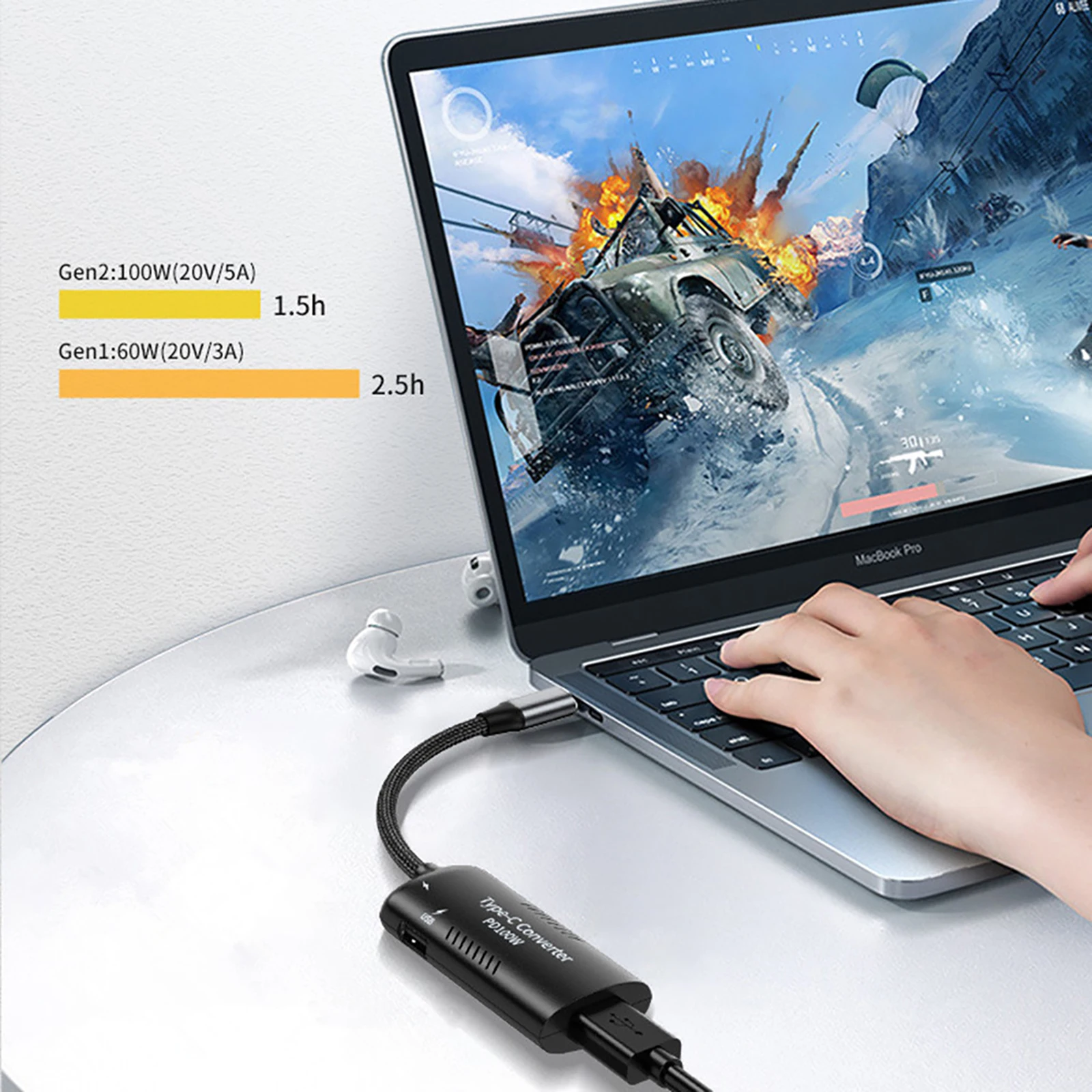 Conversor de Carregador DC para USB Tipo C, 100W, Cabo de Carregamento Rápido PD, Adaptador de Energia para Macbook, Lenovo, Laptop, Tablet, Telefone, Tipo C