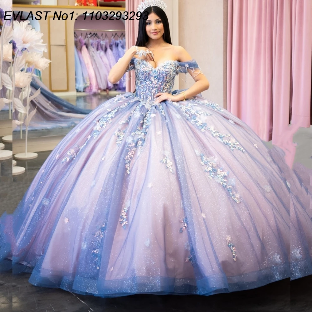 EVLAST Customized Shiny Pink Purple Ball Gown Quinceanera Dress Lace Applique Beading Corset Sweet 16 Vestidos De 15 Anos E1QN62