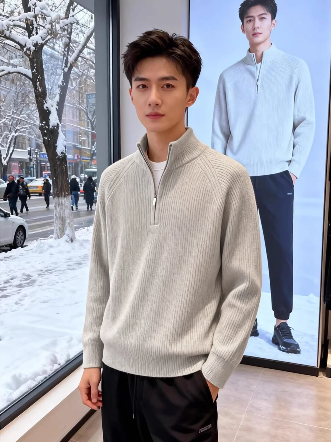 

Мужской зимний вязаный свитер с воротником-стойкой на молнии, плотный базовый слой, американский стиль, внутренняя футболка-топ