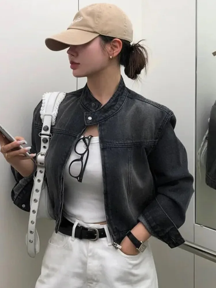 

Корейский джинсовый джинсовый джинсовый джинсовый джинт с воротником-стойкой, новый весенний свободный топ в стиле ретро, уличная одежда