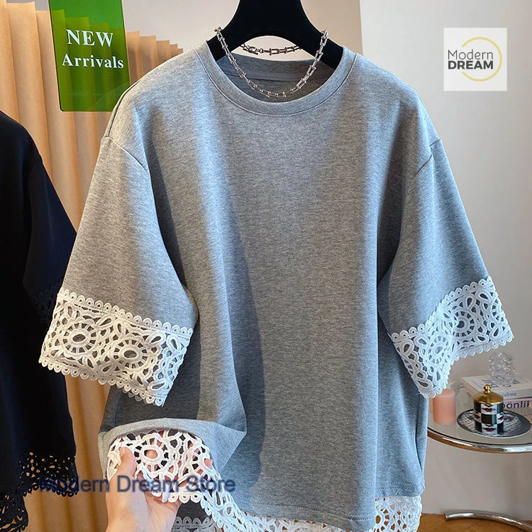 Summer new Joker openwork lace stitching short sleeve T-shirt female French plus size fat sister loose slim casual Joker top.