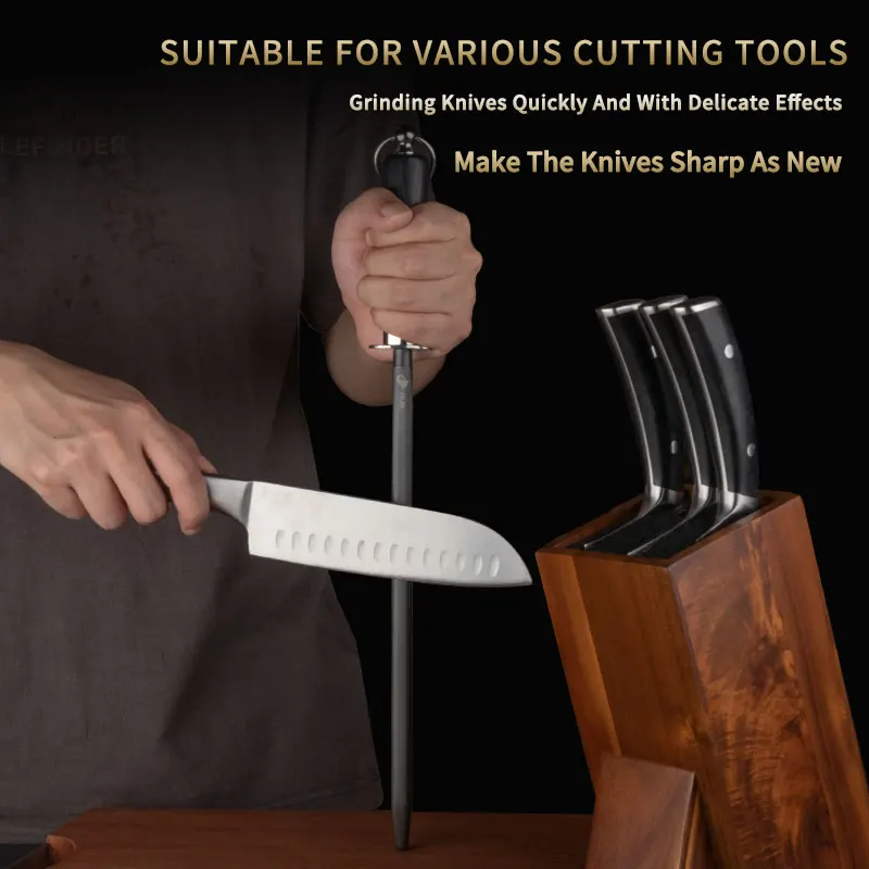 12-Inch Professional Honing Rod, Black Steel Knife Sharpener with Ebony Wood Handle, 6000 Fine Grooves for Fast Sharpening, 44cm Total Length, Safety Guard & Hanging Ring