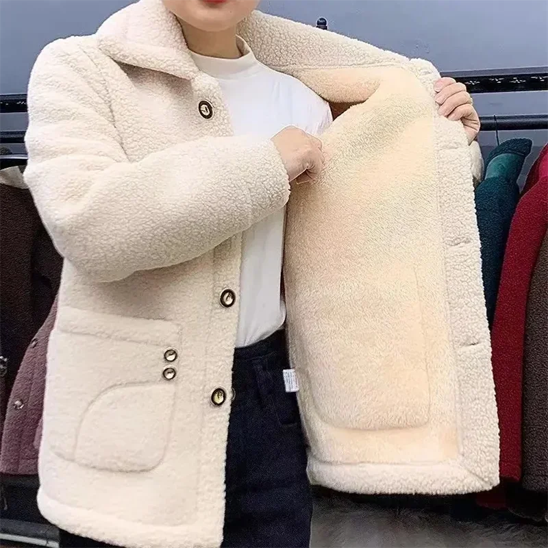 QNPQYX New Winter Jacket Plus Velvet Thick Warm Coat Women Lamb Fur Coat Mid-Long Lady's Grain Velvet Loose Coat Female Jacket