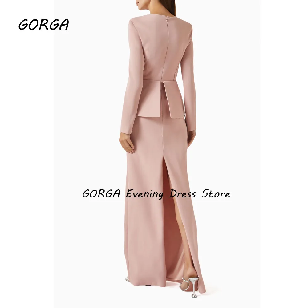 GORGA Abito da sera formale con o-collo rosa personalizzato Abito da ballo in crêpe a sirena con perline sottili Abito da festa a maniche lunghe 2025