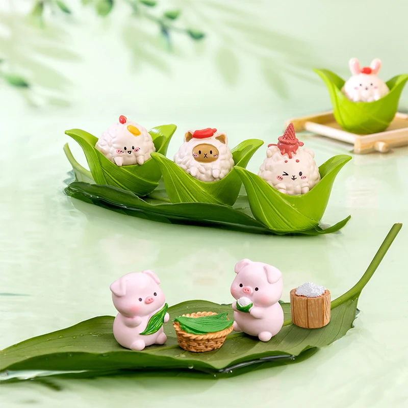 Cute Zongzi Piggy Ornaments Sheep Rabbit Doll Model Micro Landscape Vehicle Mounted Desktop Dollhouse Decor Toys