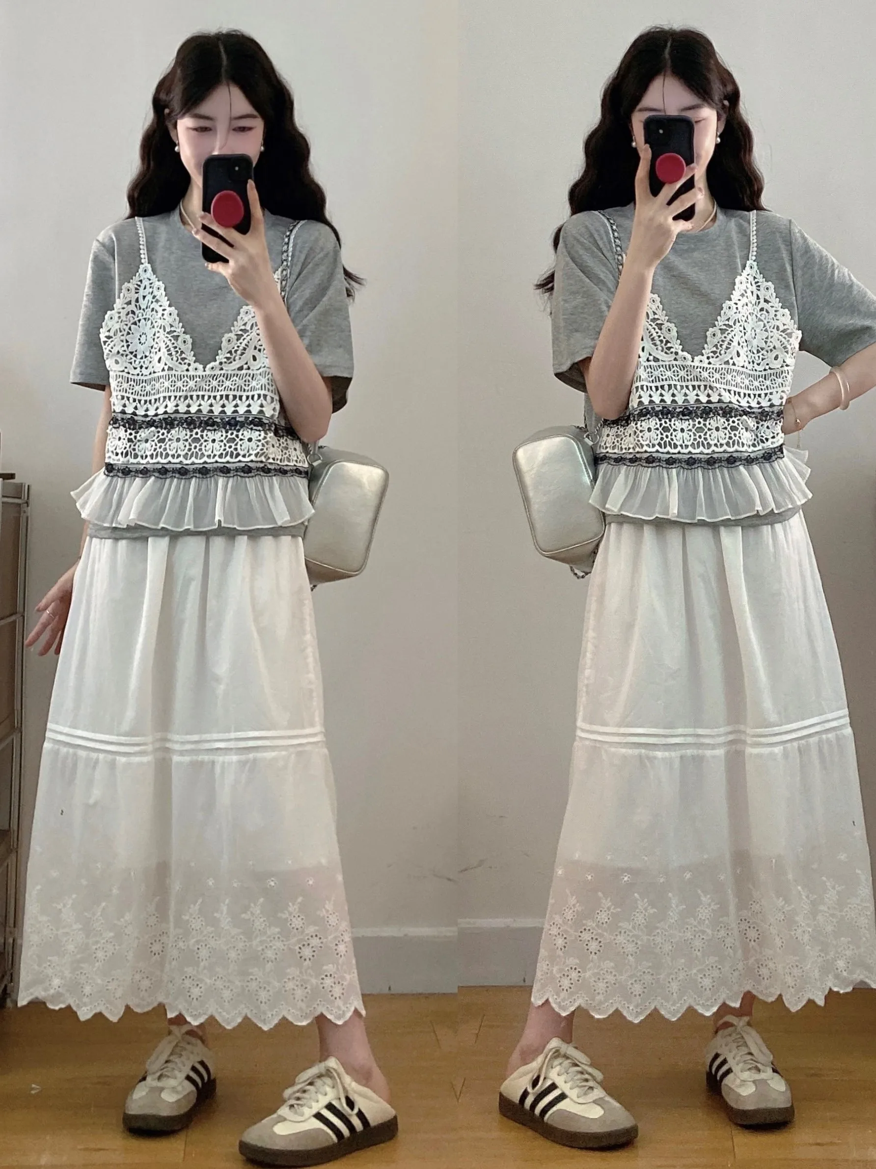 

plus Size Fashionable Lace Splice Summer Set Women's High Waist Skirt Slimming Top And Skirt Two-Piece Set Breathable Medium ...