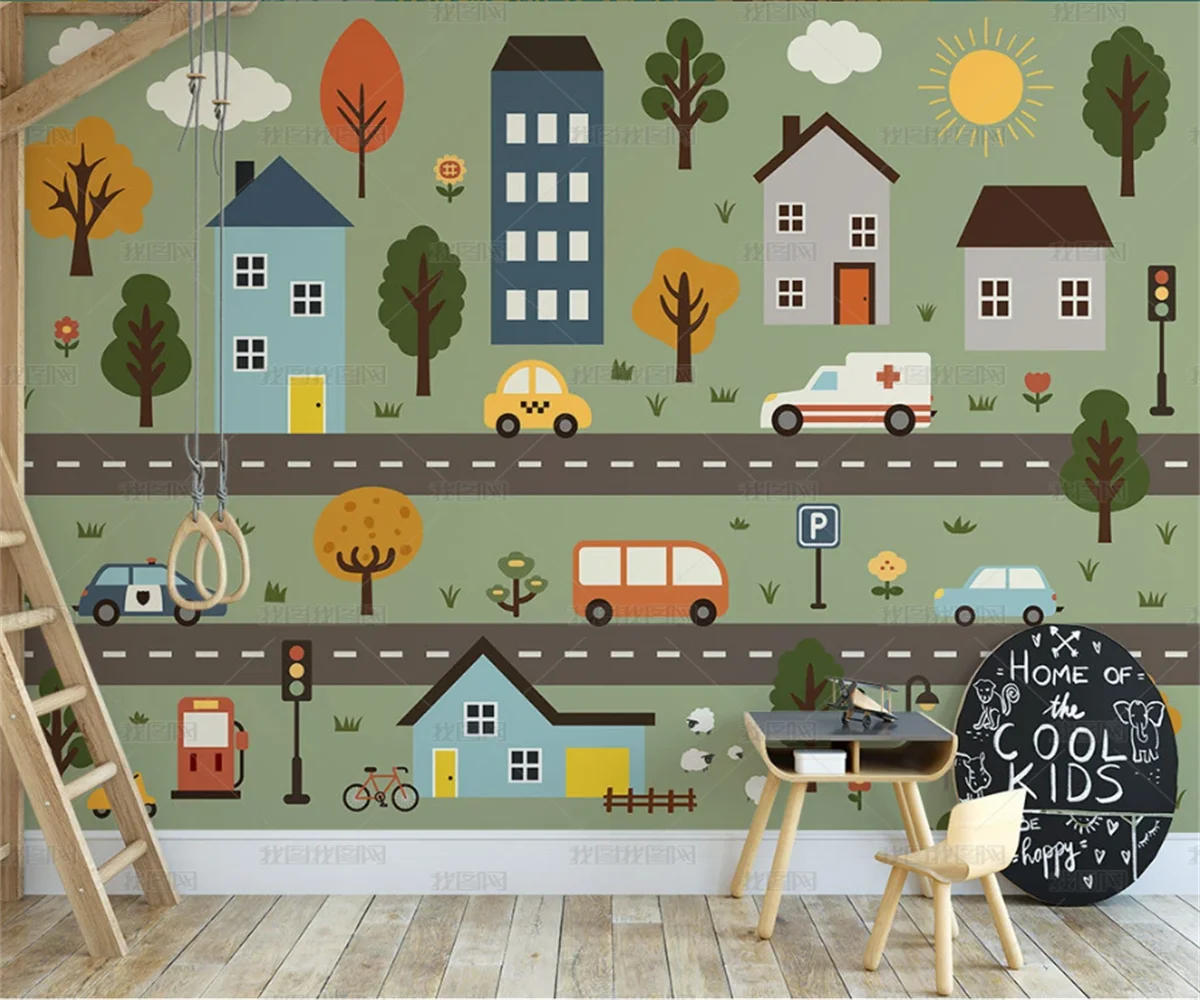

Beibehang настроить новейший скандинавский ручная роспись дома мультфильм дорожный автомобиль детская комната спальня фон обои