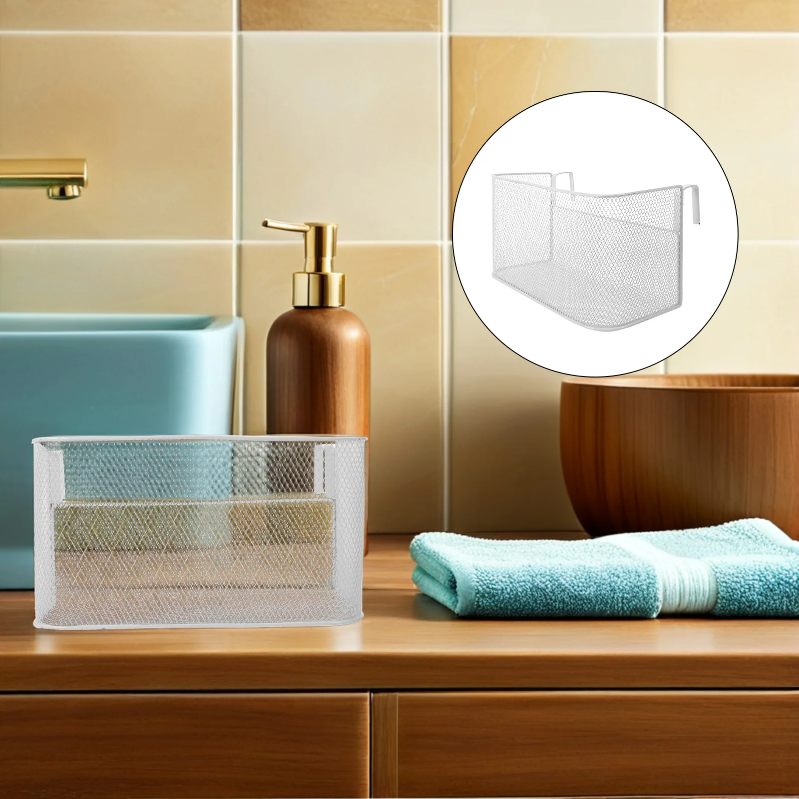 

White Metal Hanging Mesh Basket Bathroom Storage Organizer Over Toilet Shelf For Shower Razors Toiletries Dorm Bedside