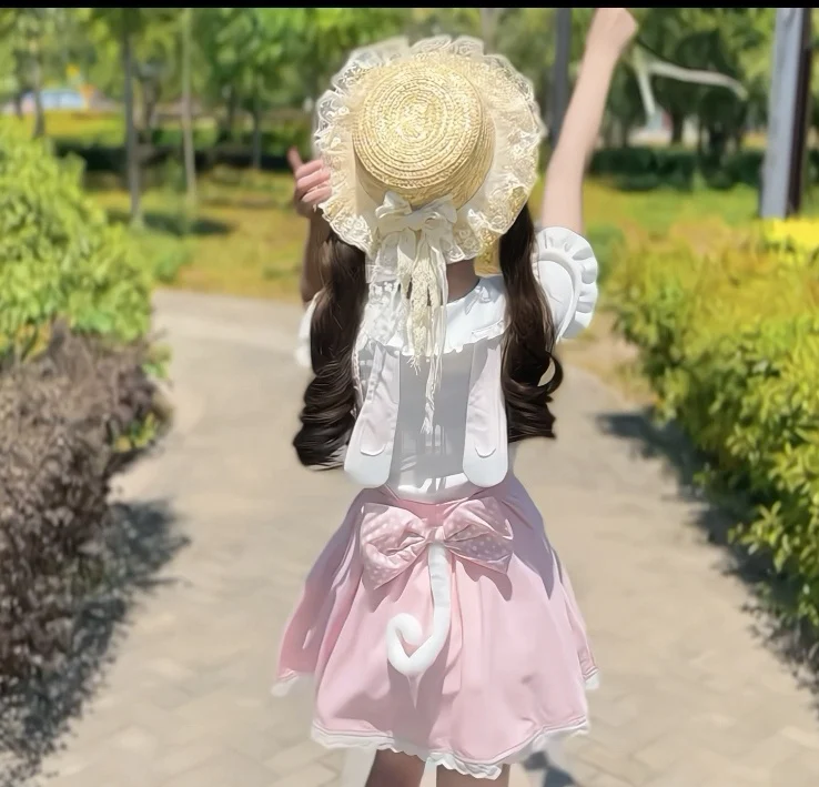 Original Kawaii Sweet Cute Daughter Dress Summer Girls Y2k Short Sleeve Cartoon Cotton T-shirt Bow Strap Dress 2 Piece Set