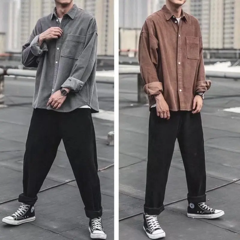 Men Corduroy Shirt Coat Long Sleeves Tops Spring and Autumn Japanese Style Chao Pai Leisure Loose and Comfortable Versatile Pi